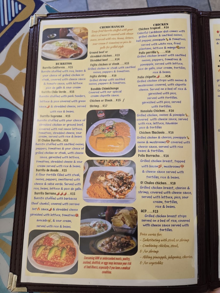 O! Chulos Grill & Bar menu board