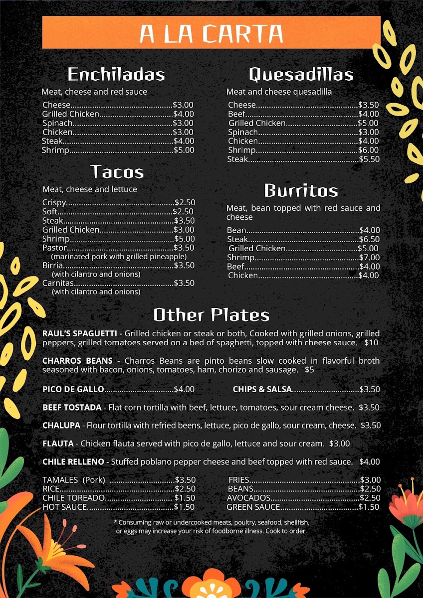 Raul's Mexican Restaurant menu board