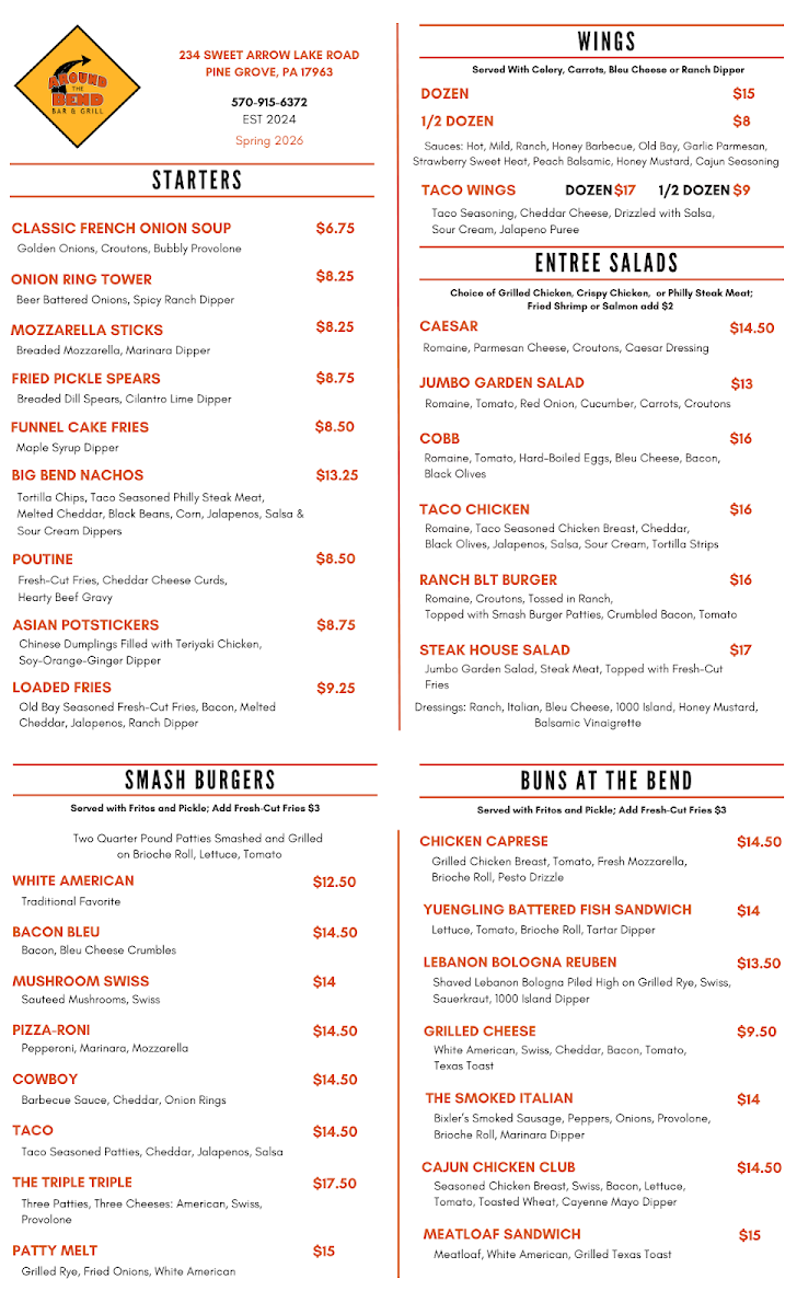 Around The Bend Bar & Grill menu board