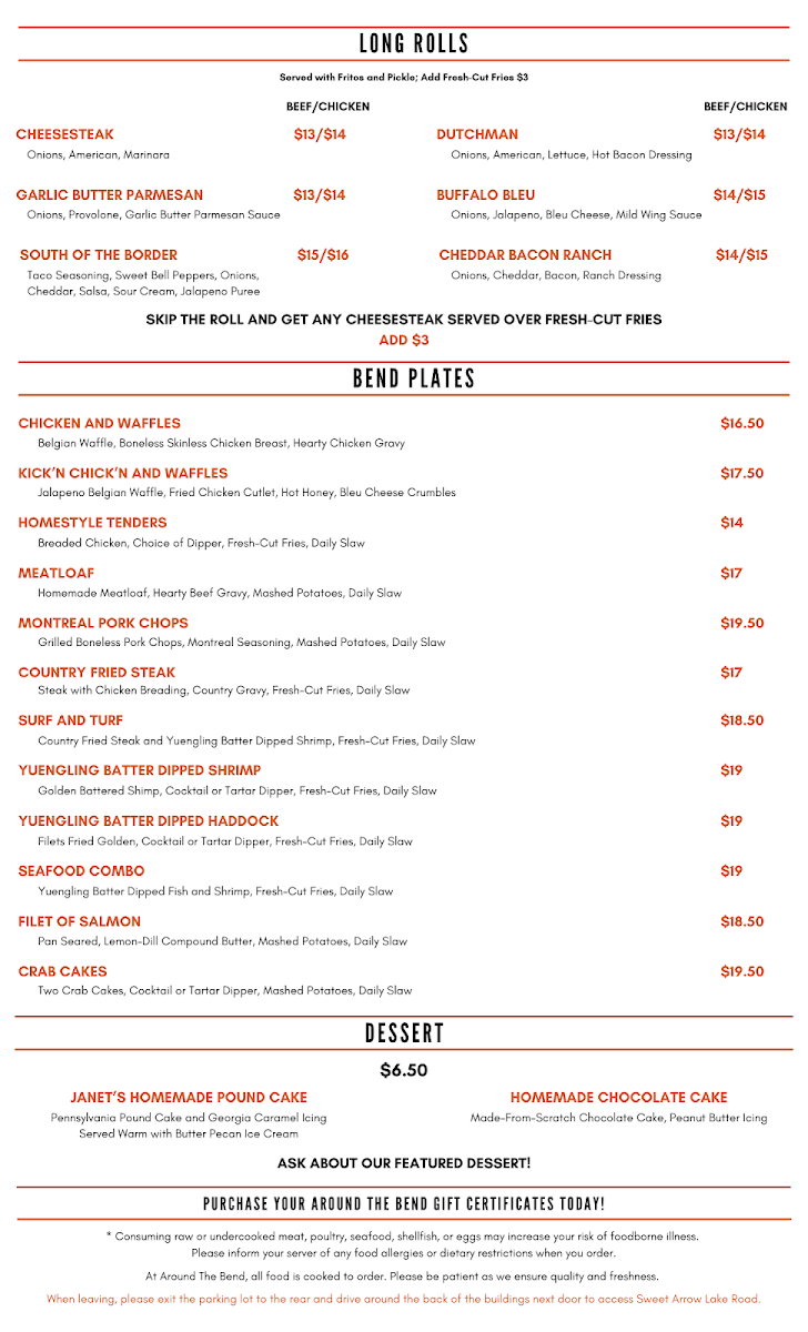Around The Bend Bar & Grill menu board