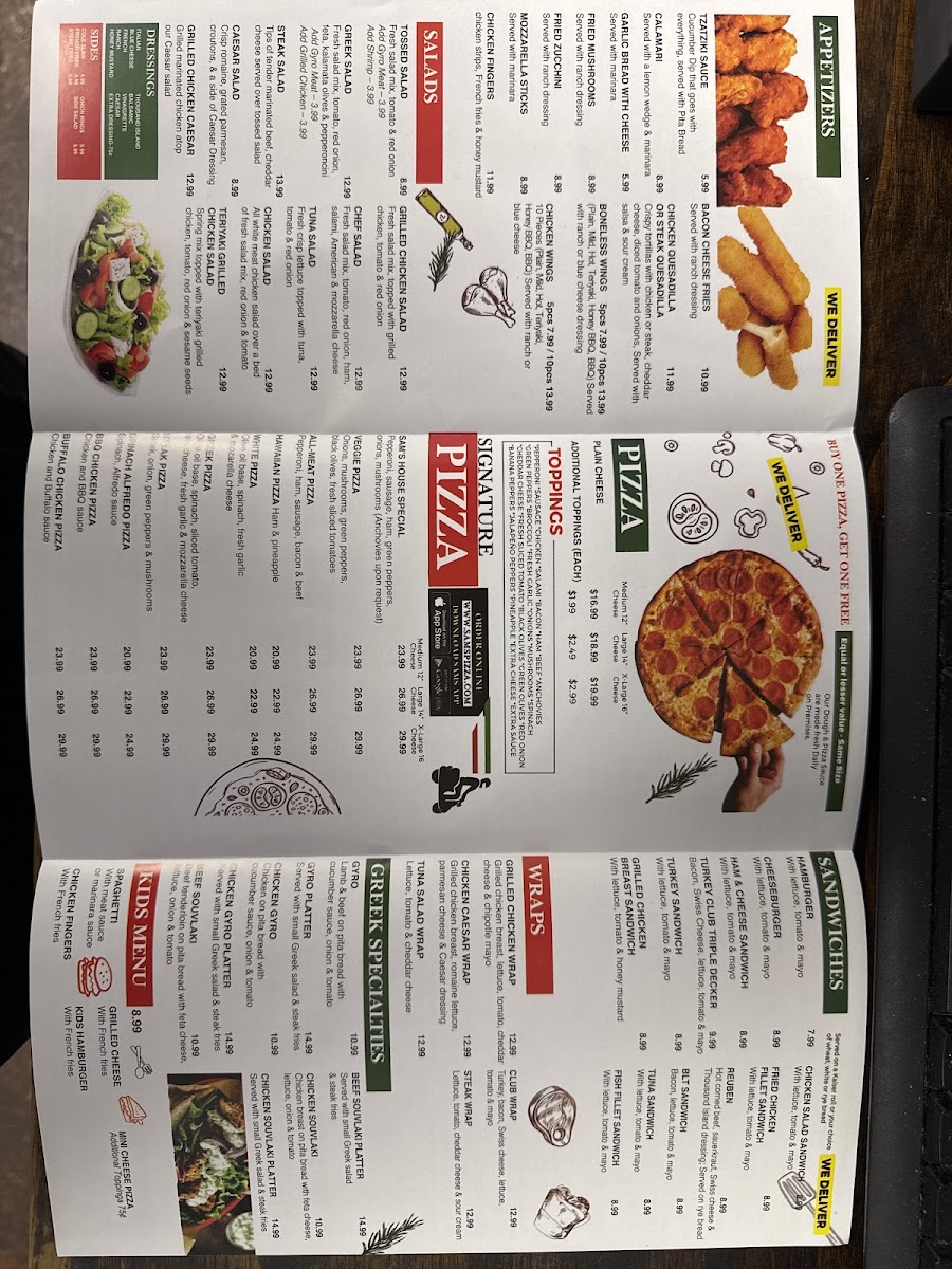 Sams Pizza and Subs menu board