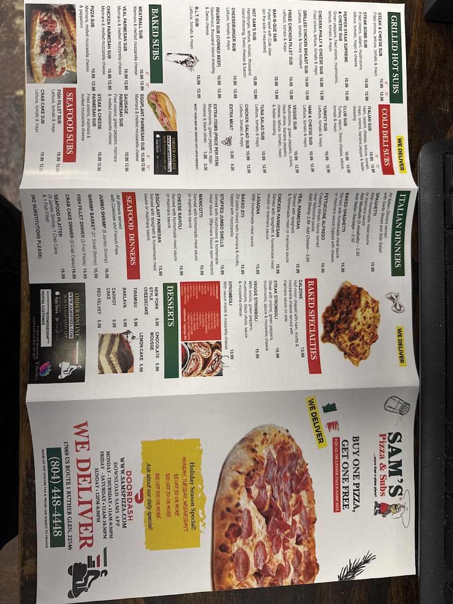 Sams Pizza and Subs menu board