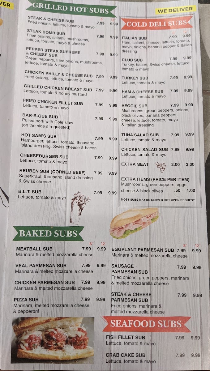 Sams Pizza and Subs menu board