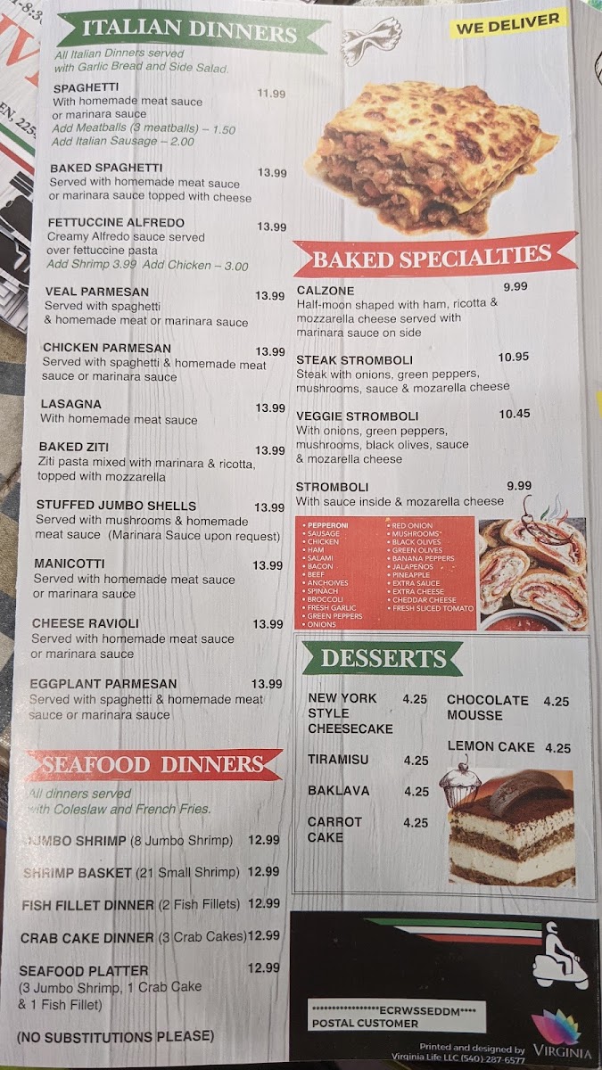 Sams Pizza and Subs menu board