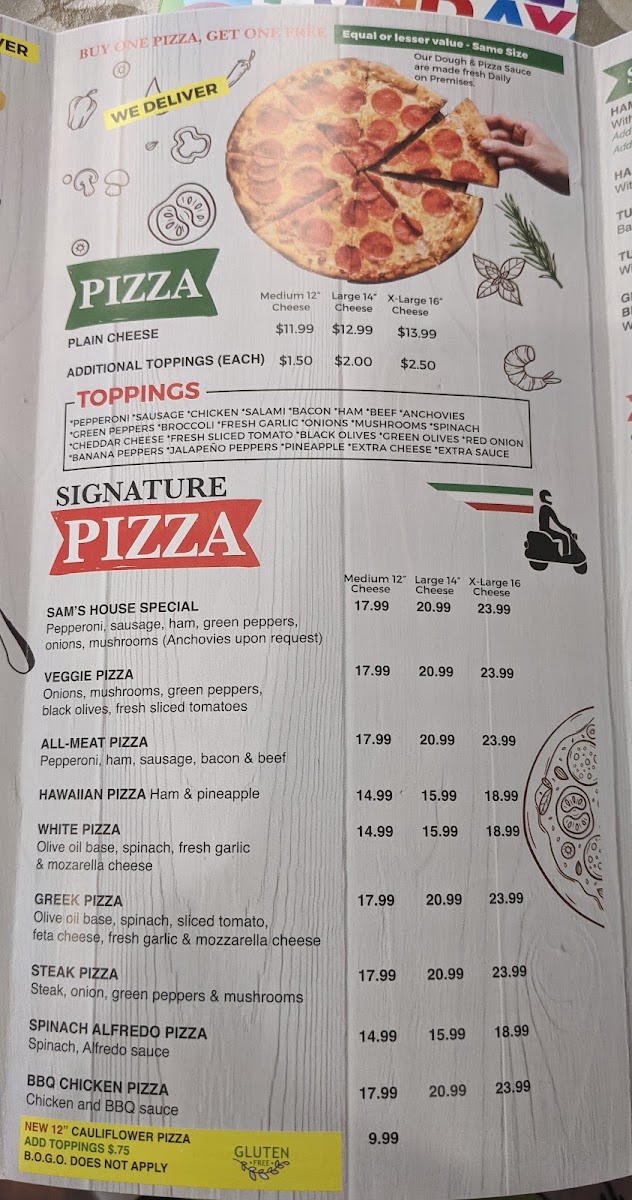 Sams Pizza and Subs menu board