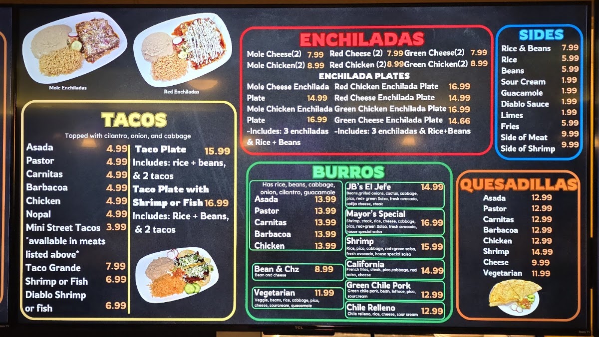 Tres Amigos - Sedona menu board
