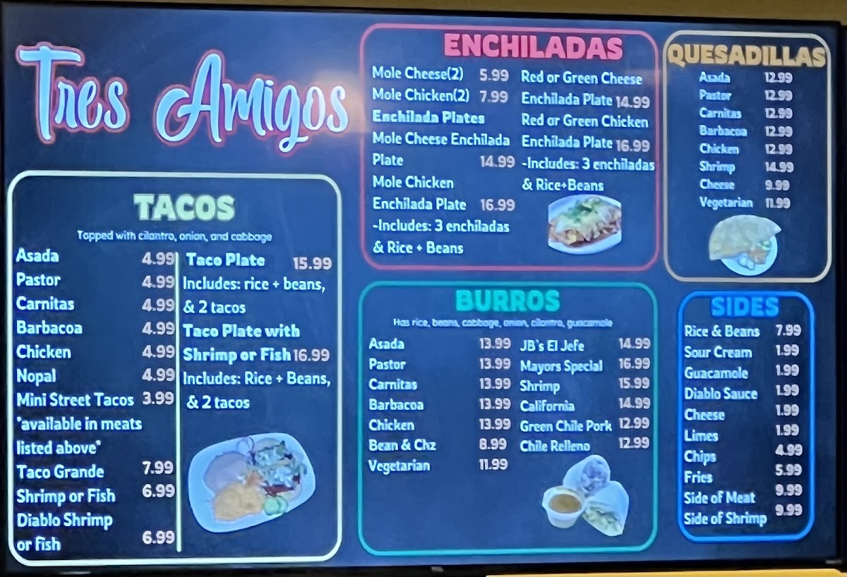 Tres Amigos - Sedona menu board