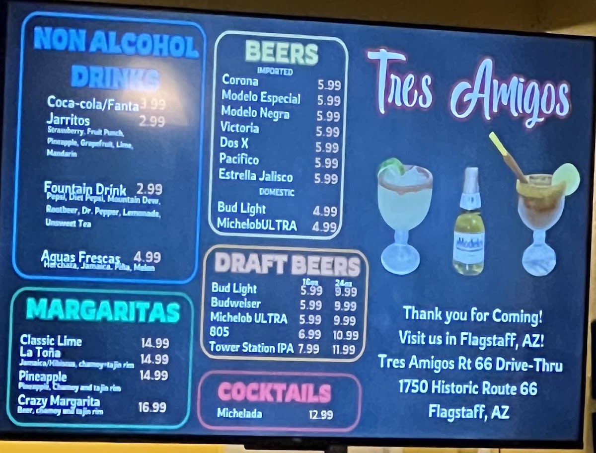 Tres Amigos - Sedona menu board