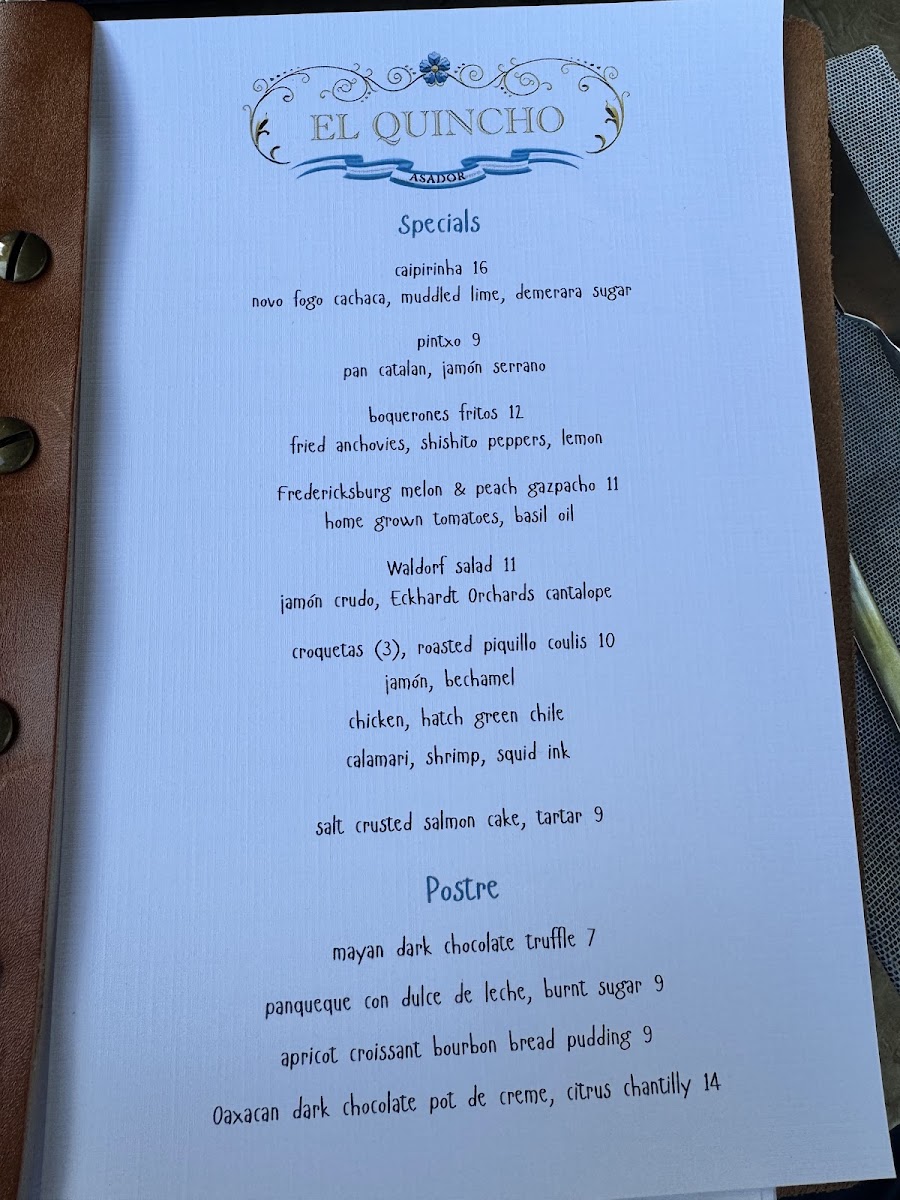 El Quincho menu board