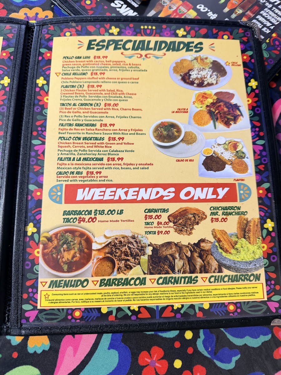 Mr. Ranchero Mexican Food menu board