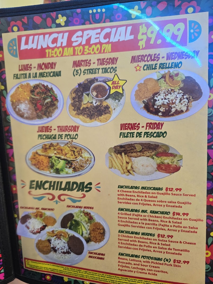 Mr. Ranchero Mexican Food menu board