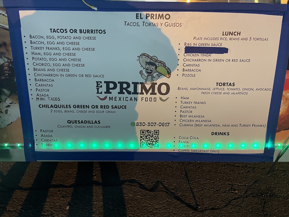 El Primo Mexican Food menu board