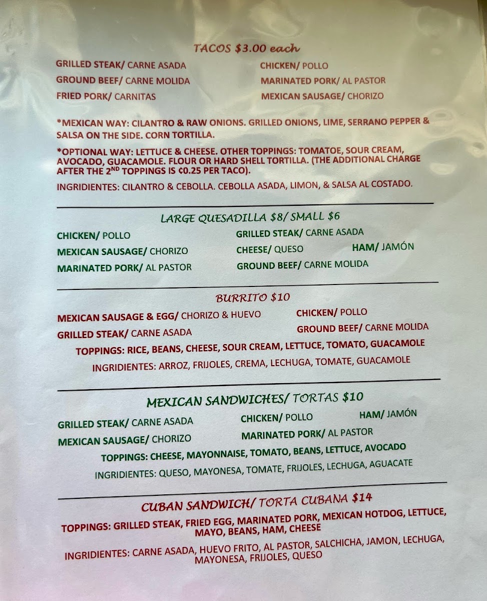 Taquería El Arroyo food truck menu board