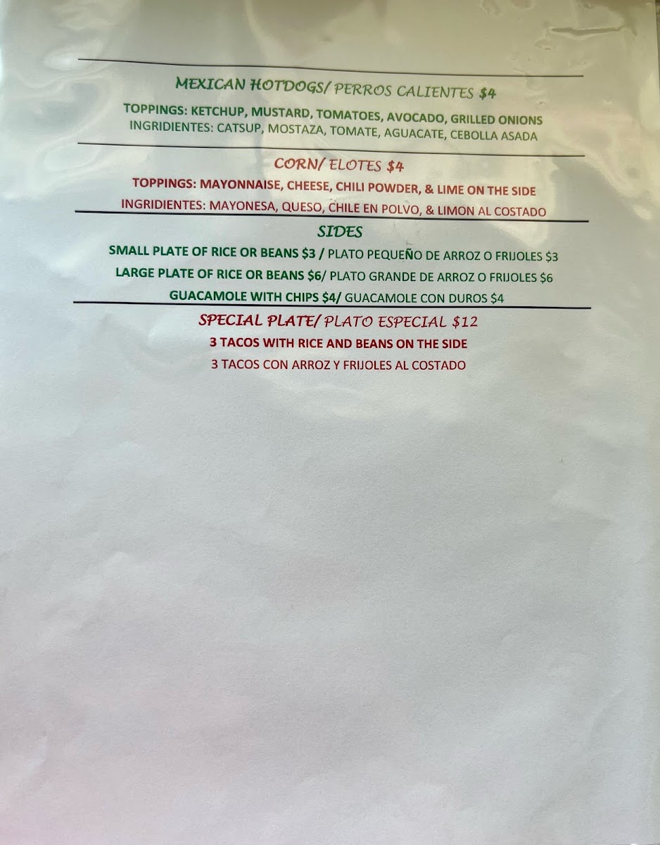 Taquería El Arroyo food truck menu board