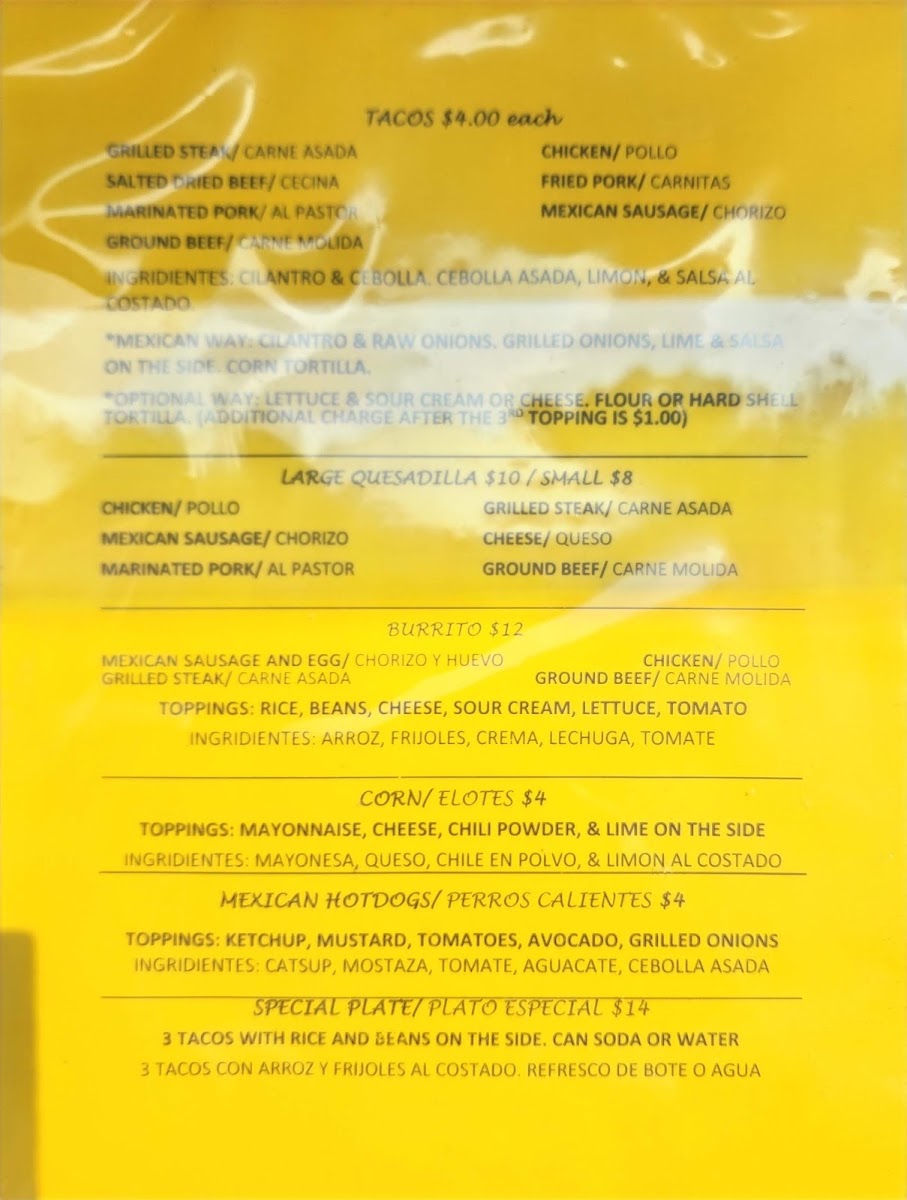 Taquería El Arroyo food truck menu board