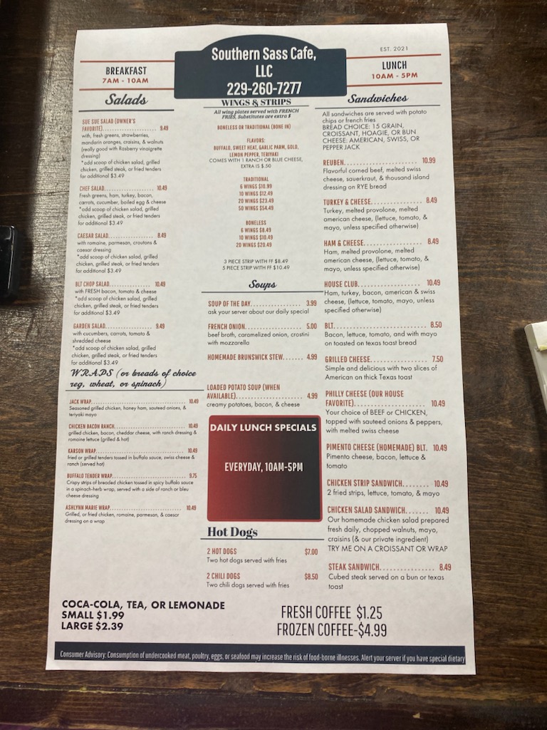 Southern Sass Cafe menu board