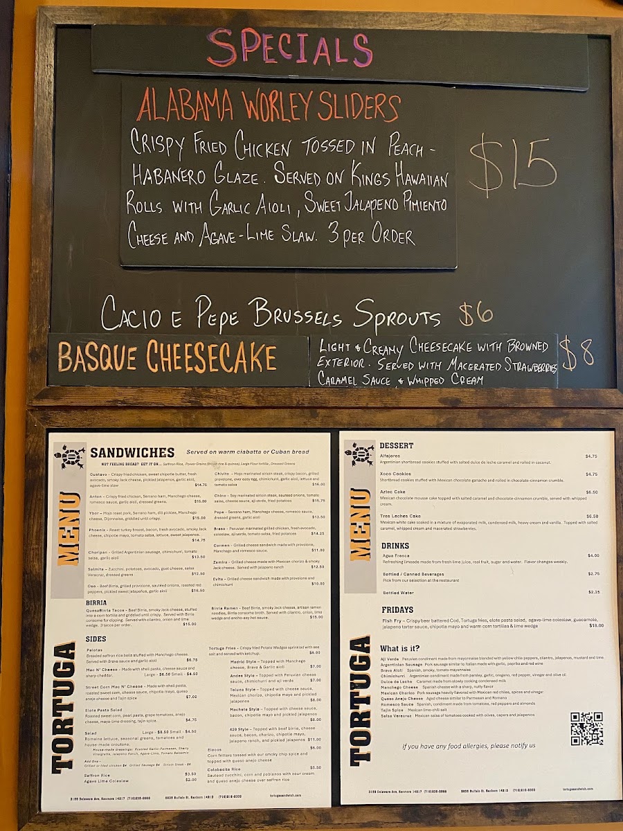 Tortuga Sandwich Shop - Kenmore menu board