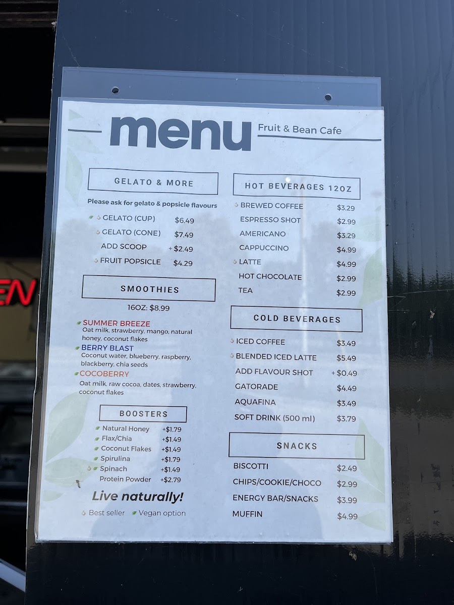 Fruit & Bean Cafe menu board