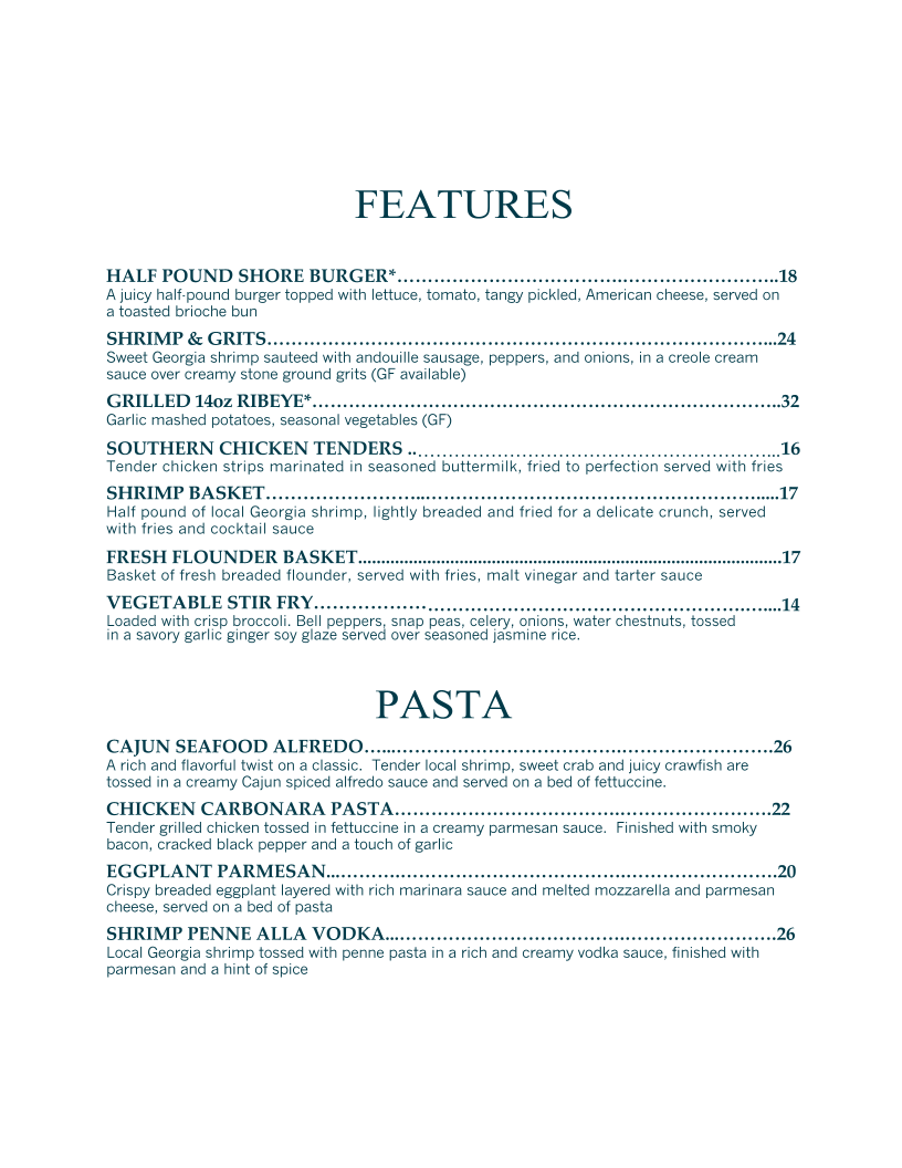 Shore Restaurant menu board