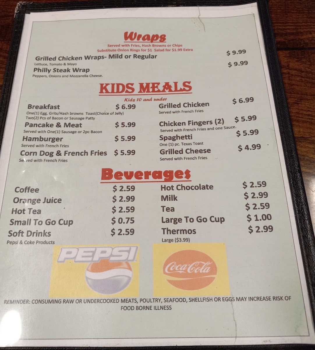 Old Time Country Kitchen & Buffet (American & Indian food) menu board