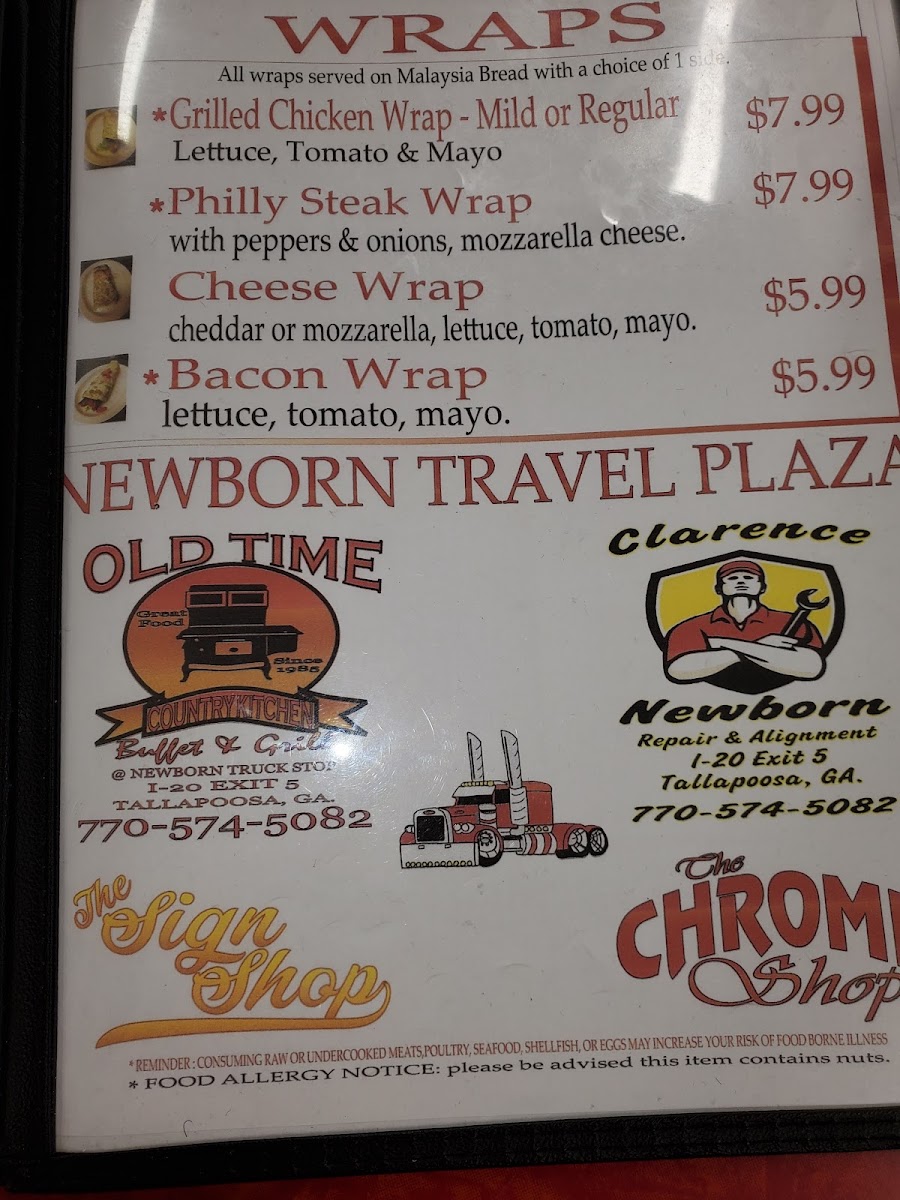 Old Time Country Kitchen & Buffet (American & Indian food) menu board