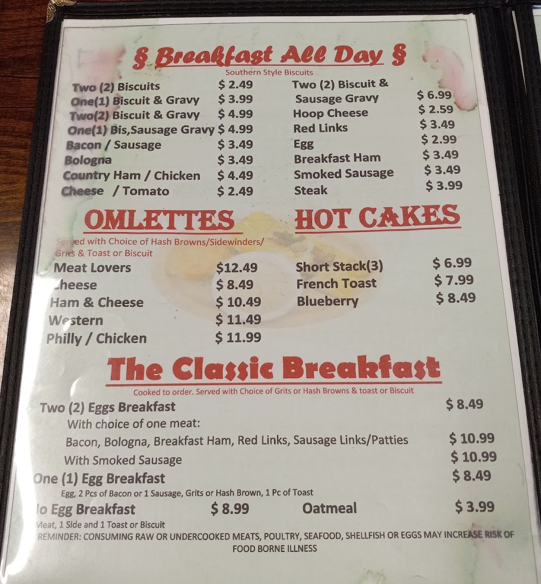 Old Time Country Kitchen & Buffet (American & Indian food) menu board