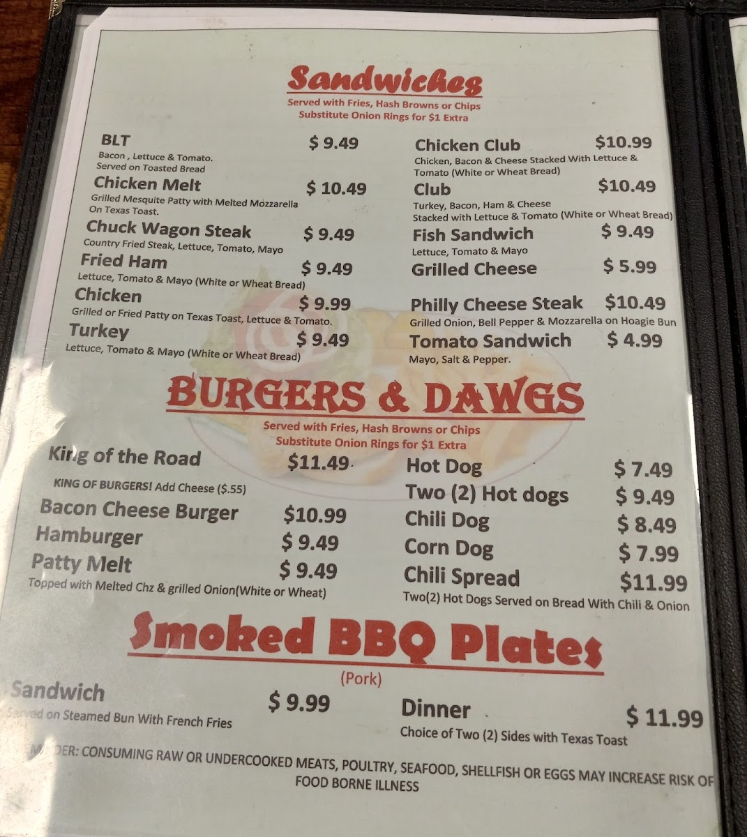 Old Time Country Kitchen & Buffet (American & Indian food) menu board