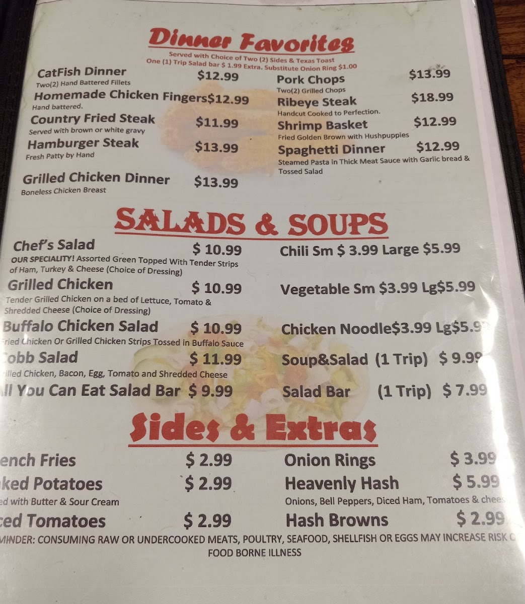 Old Time Country Kitchen & Buffet (American & Indian food) menu board