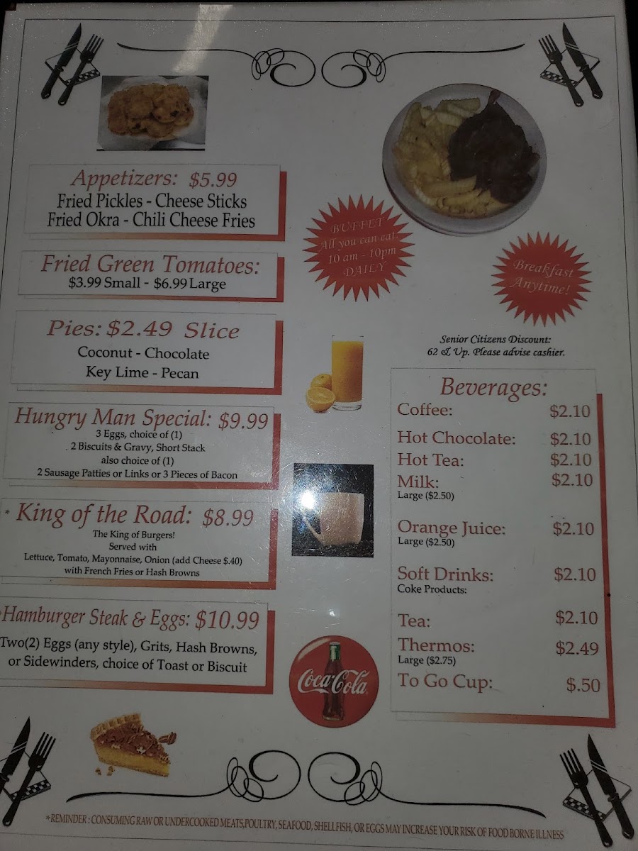 Old Time Country Kitchen & Buffet (American & Indian food) menu board