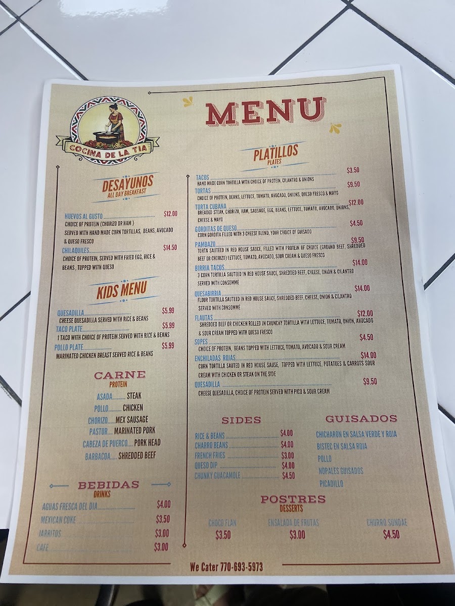 Cocina De La Tia menu board