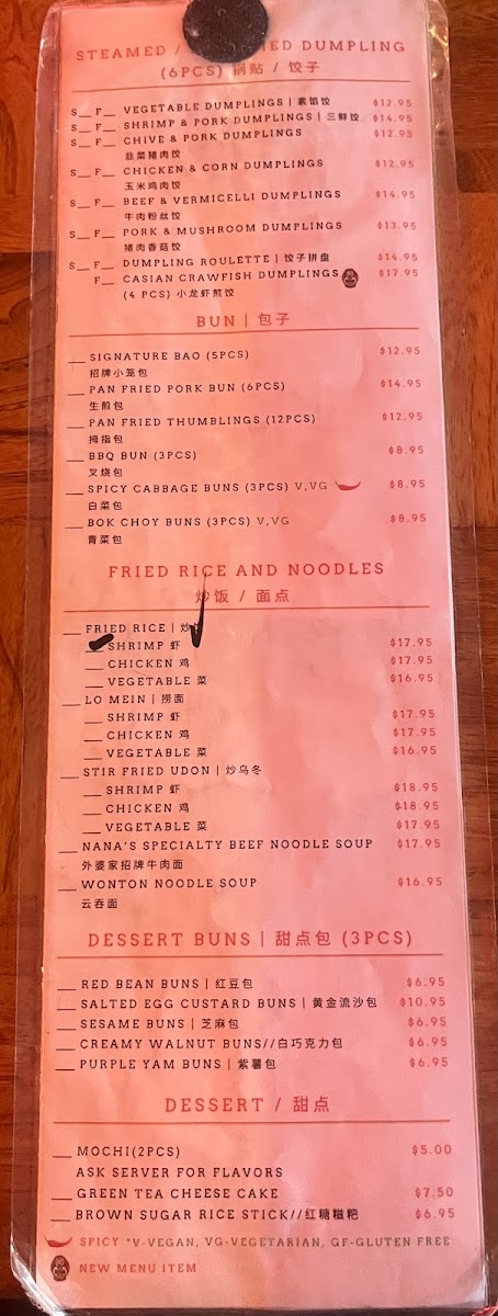Nana's Dim Sum & Dumplings menu board