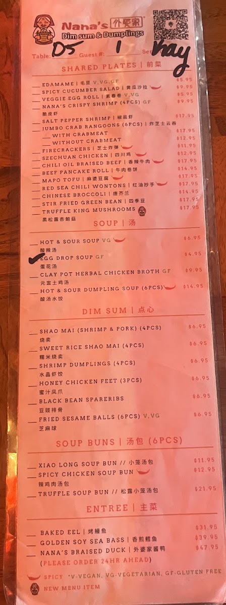 Nana's Dim Sum & Dumplings menu board