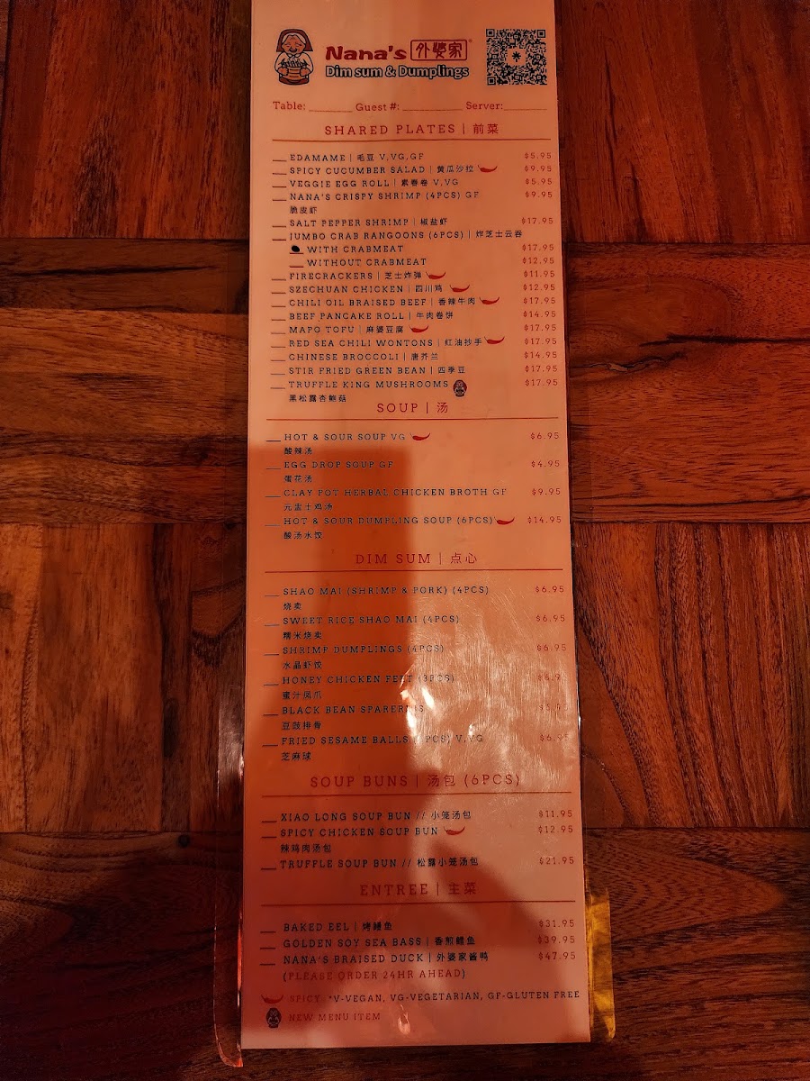 Nana's Dim Sum & Dumplings menu board