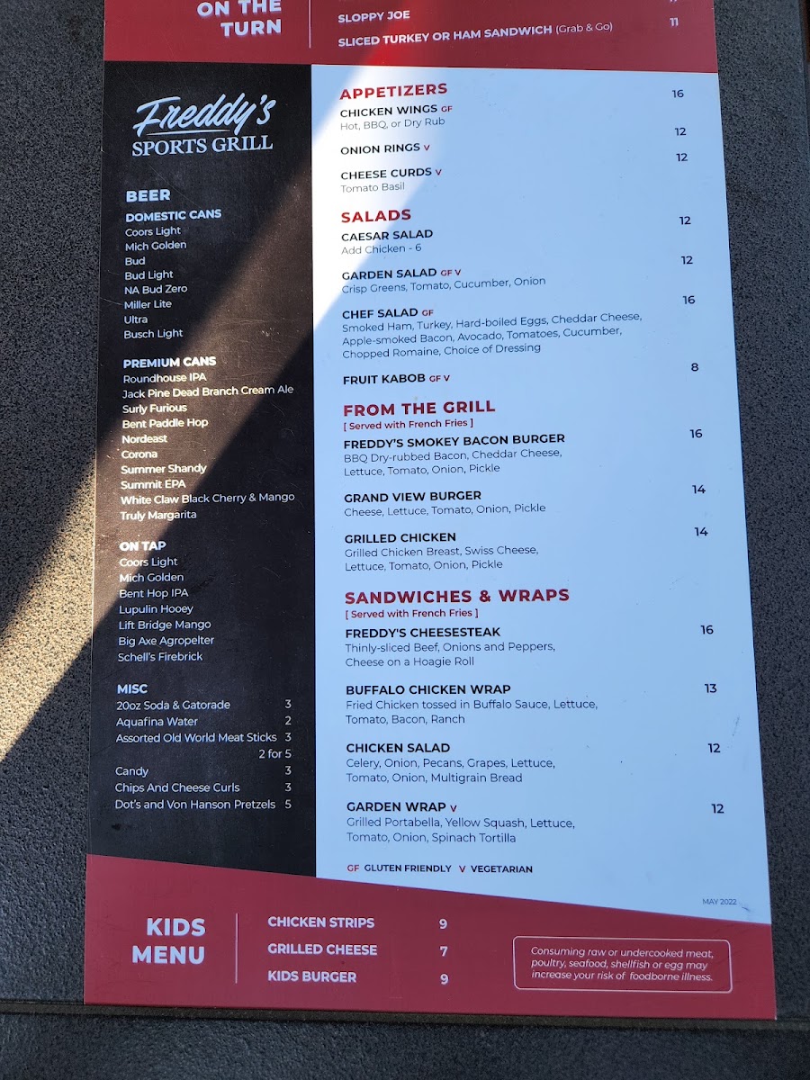 Freddy's Sports Grill at Grand View Lodge menu board