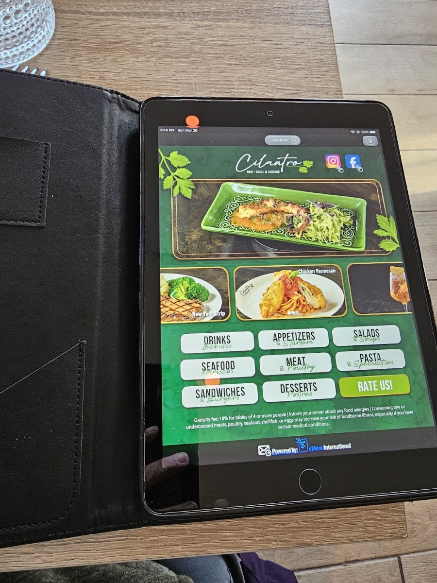 CILANTRO BAR AND GRILL menu board