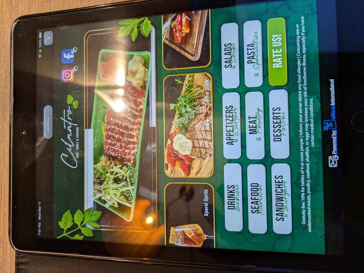 CILANTRO BAR AND GRILL menu board