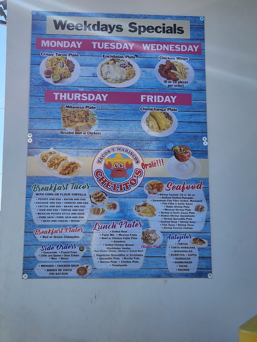 Tacos & Mariscos chelito's menu board