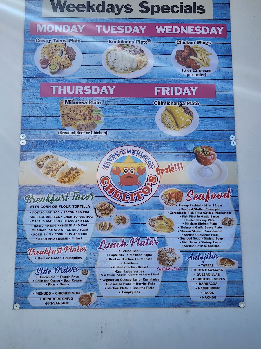 Tacos & Mariscos chelito's menu board