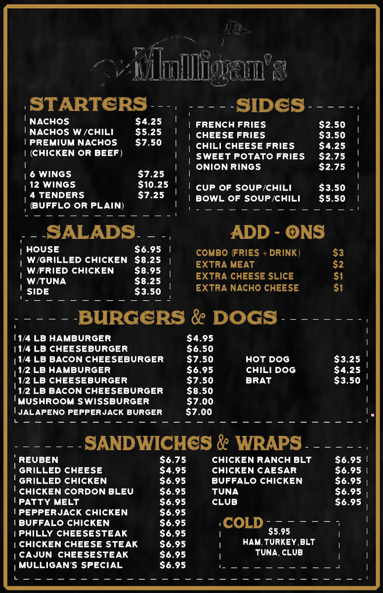 Mulligan's Bar and Grill menu board
