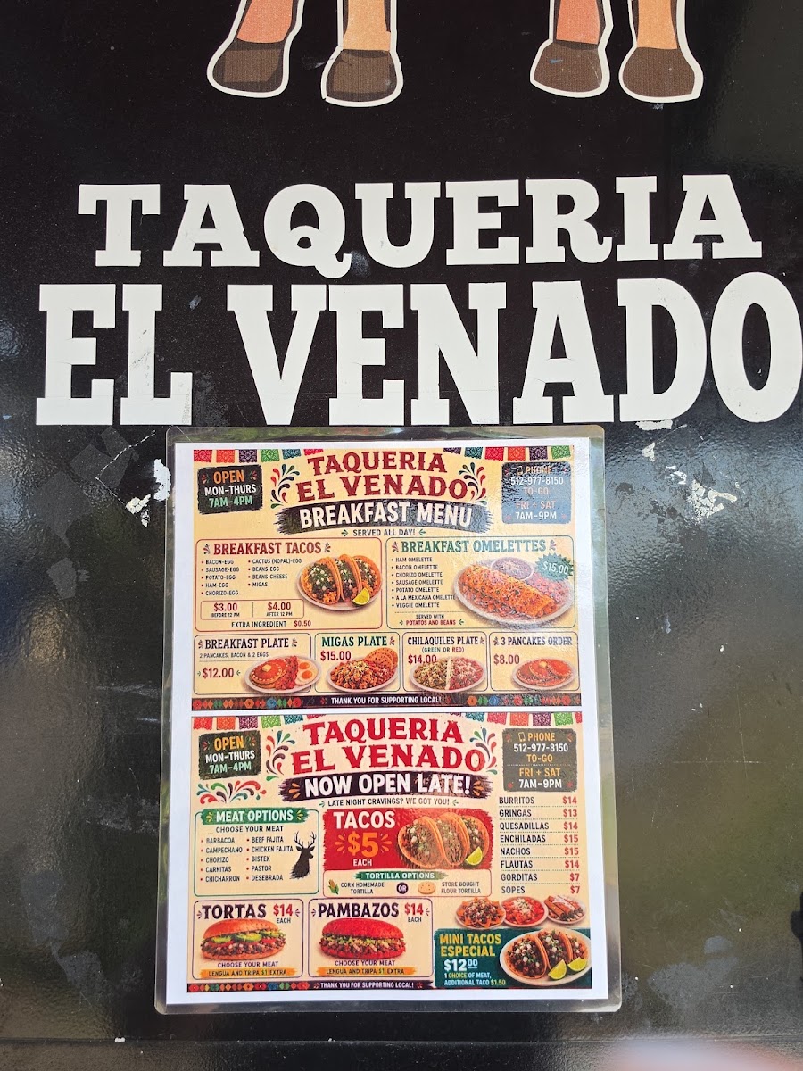 Taqueria El Venado menu board