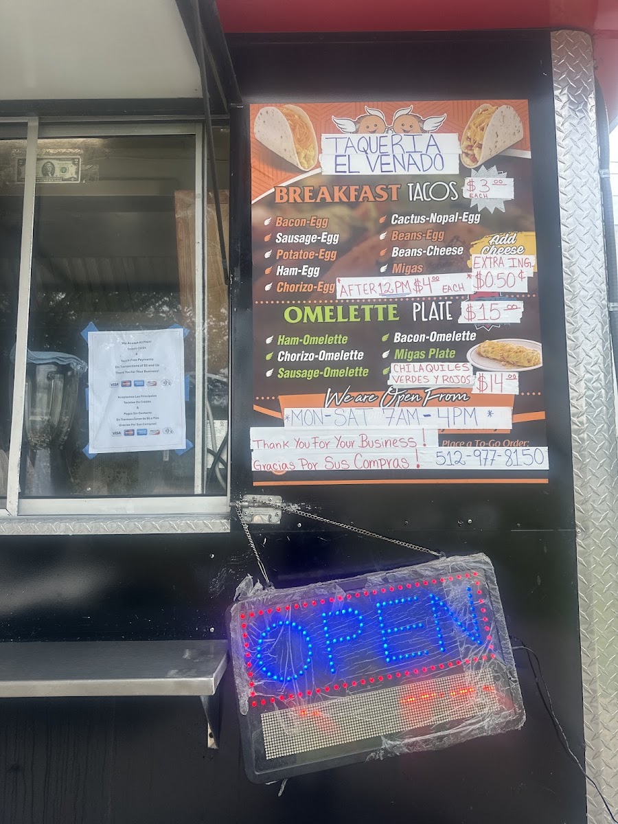 Taqueria El Venado menu board