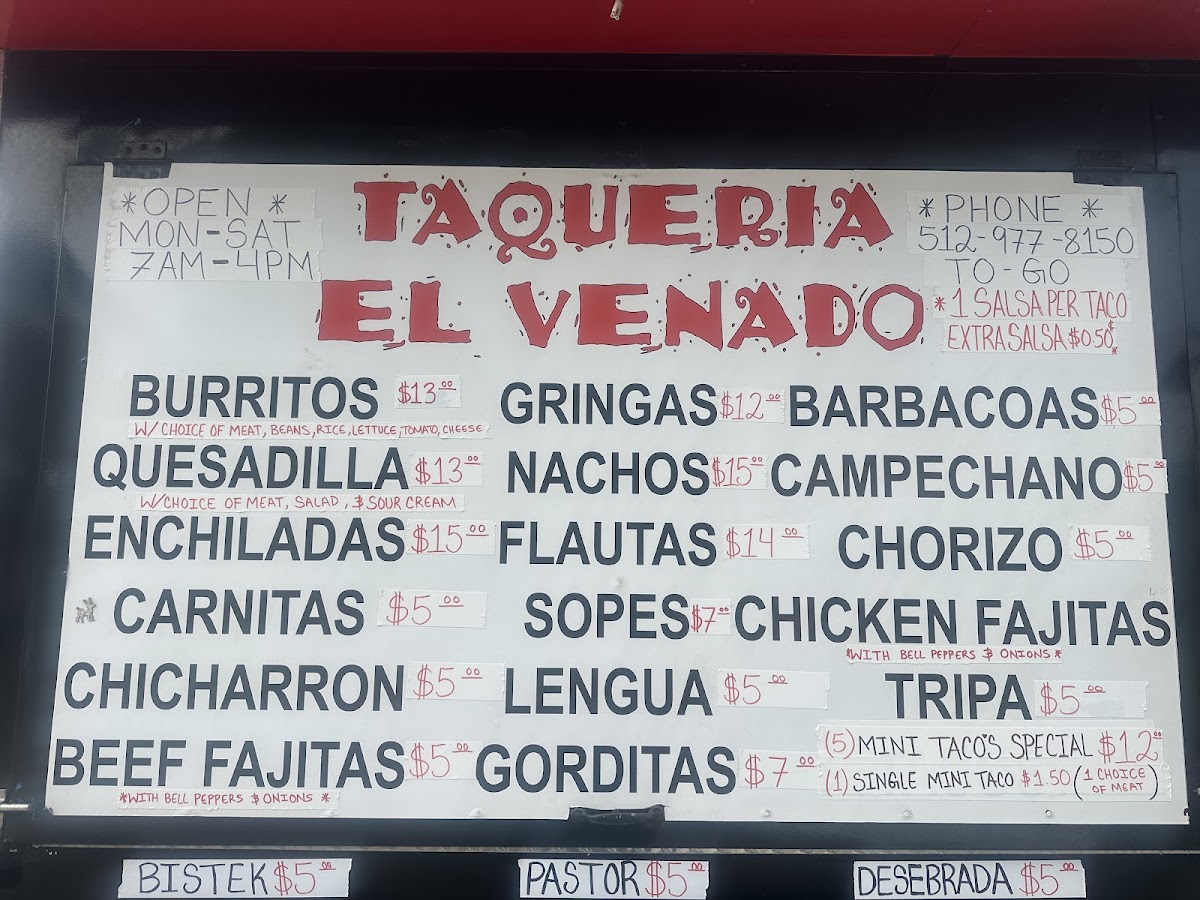 Taqueria El Venado menu board