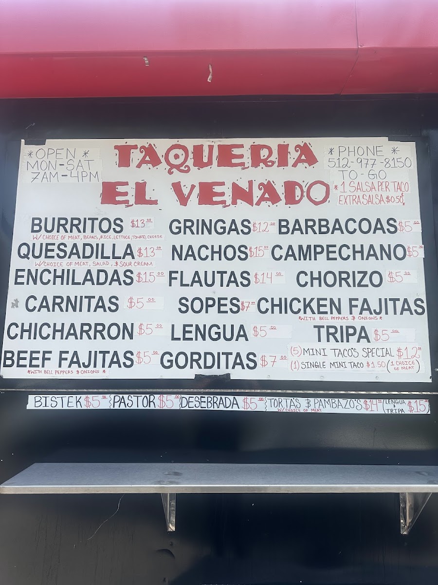 Taqueria El Venado menu board