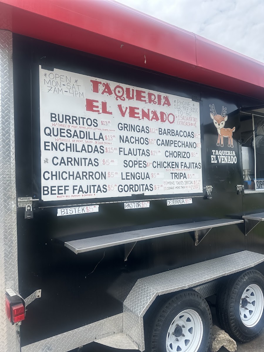 Taqueria El Venado menu board