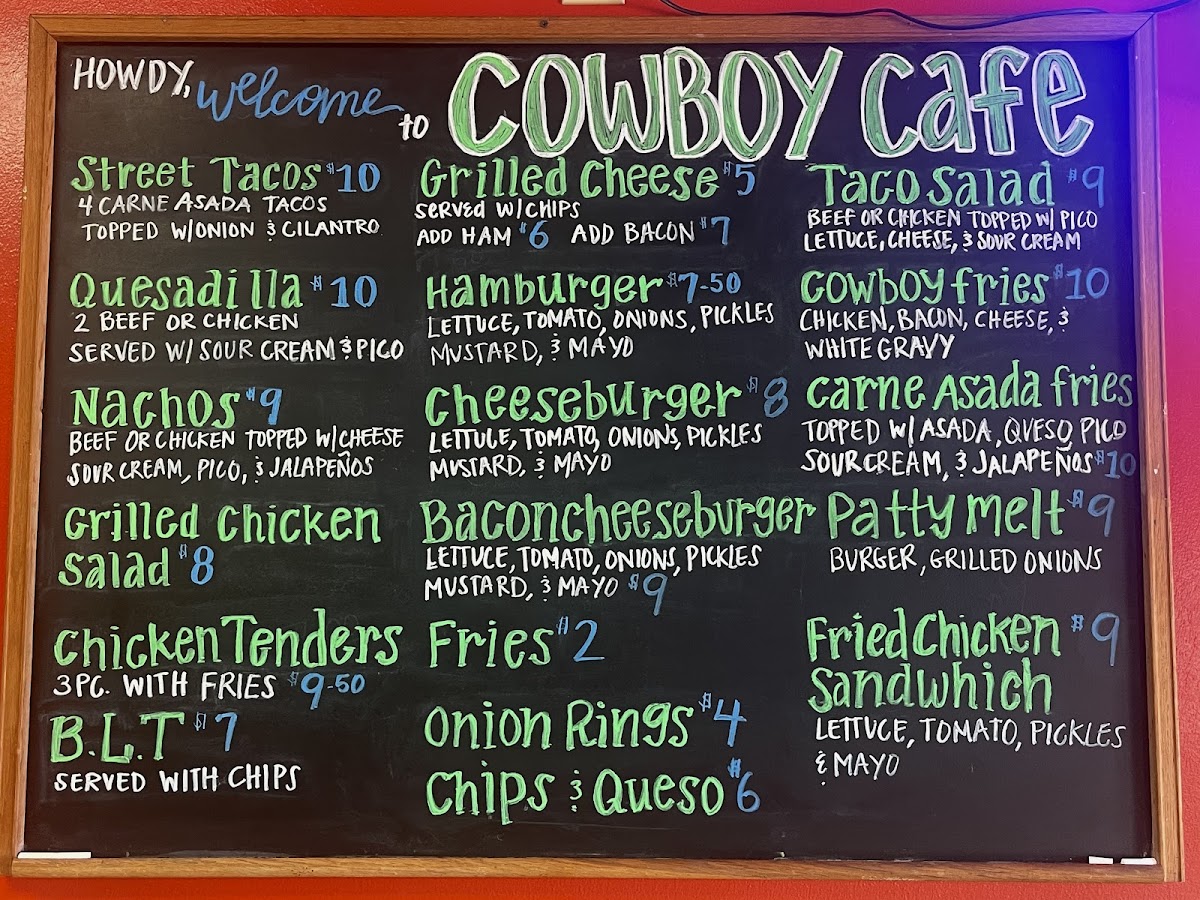 Cowboy Cafe menu board