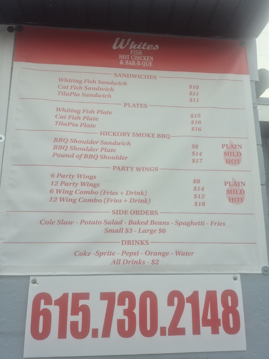 White's Fish, Hot Chicken & BBQ menu board