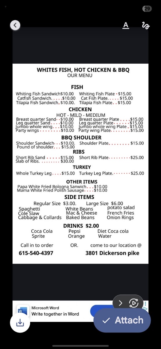White's Fish, Hot Chicken & BBQ menu board