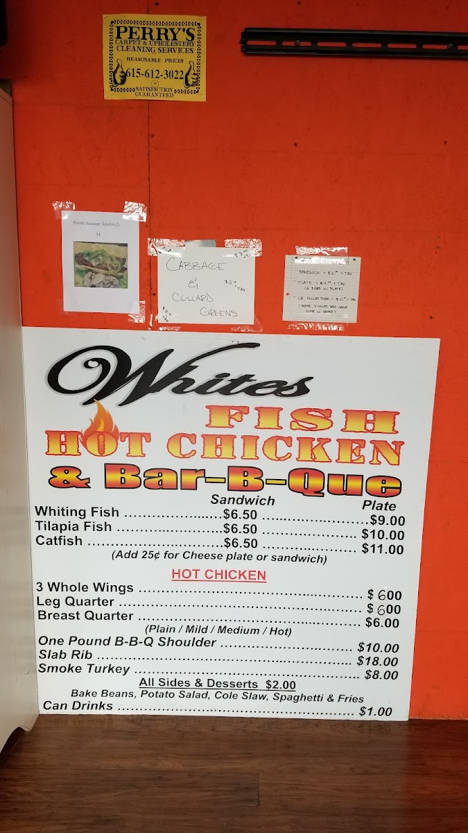 White's Fish, Hot Chicken & BBQ menu board