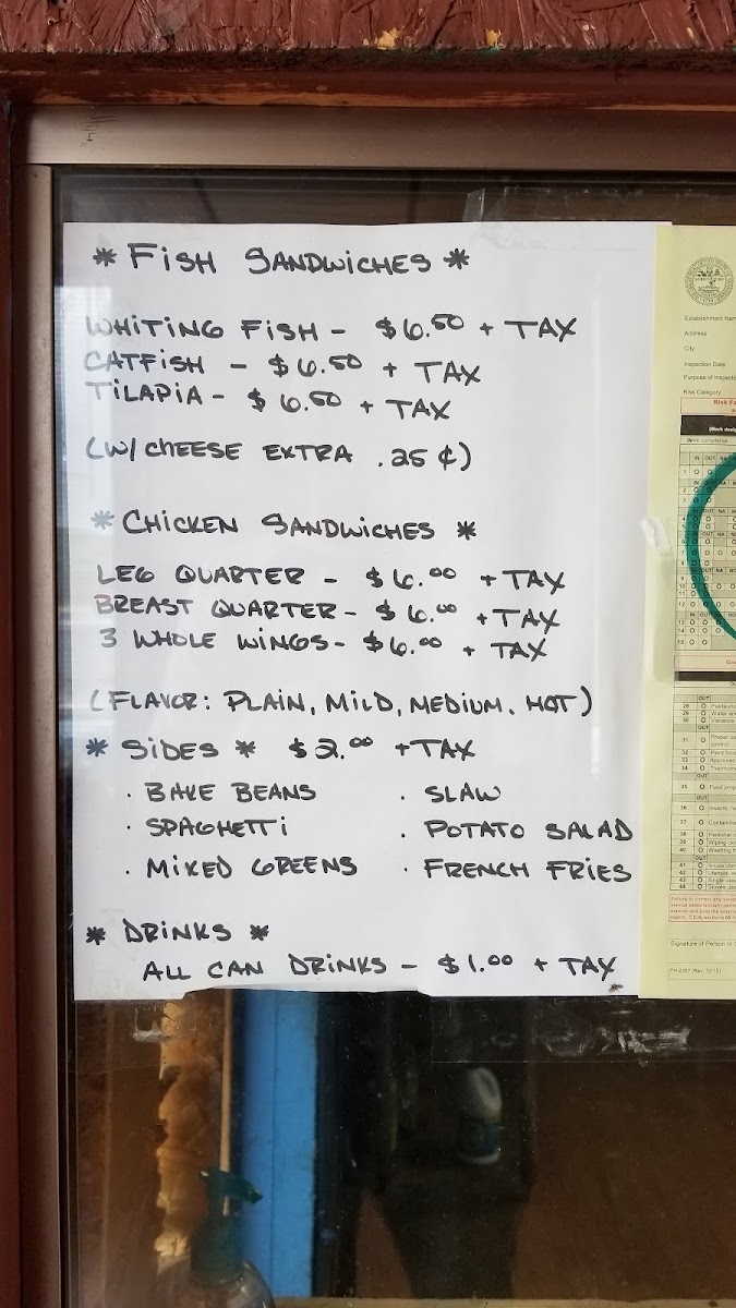 White's Fish, Hot Chicken & BBQ menu board