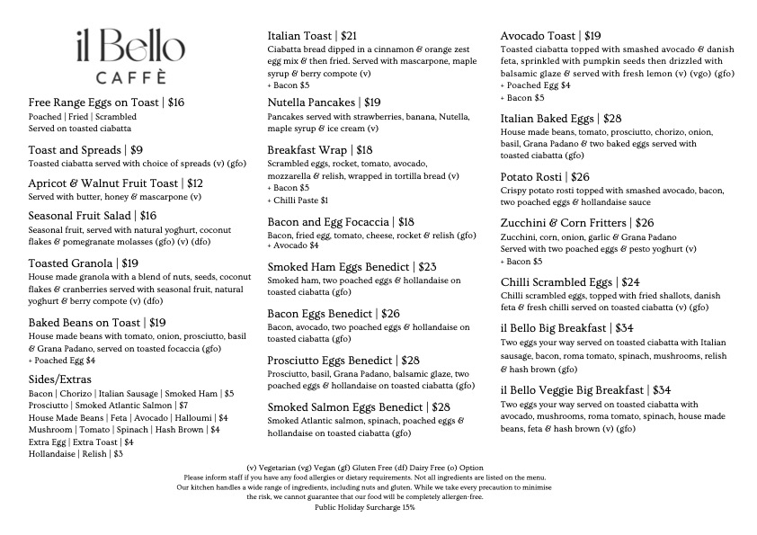 il Bello Caffè menu board